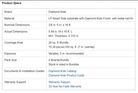 Screenshot of building material product spec showing the number of square feet covered by each package of exterior siding