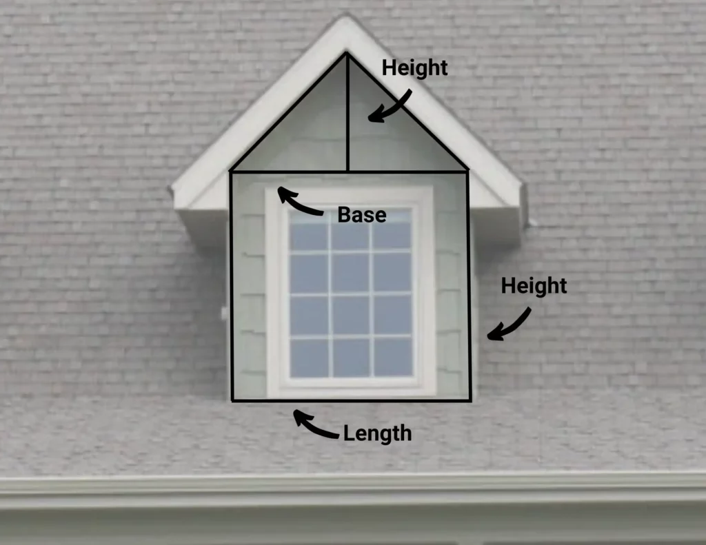 How to measure exterior siding: A closeup of a gabled window with arrows pointing to the base, height, and length