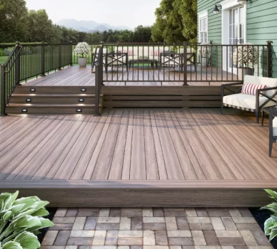 Brown, multi-level composite deck