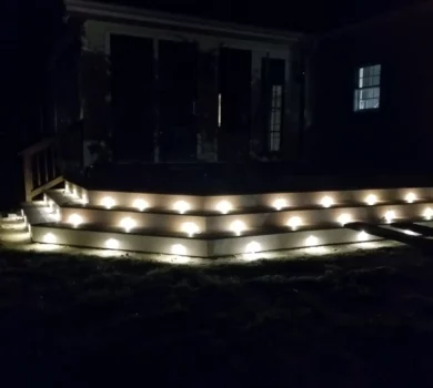 Composite decking at night lit up with LEDs
