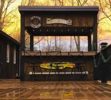 A Composite deck tiki bar at sunset