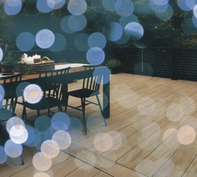 A backyard composite decking scene with blue bokeh overlayed