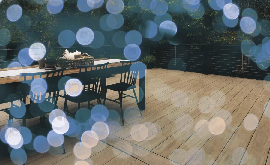 A backyard composite decking scene with blue bokeh overlayed