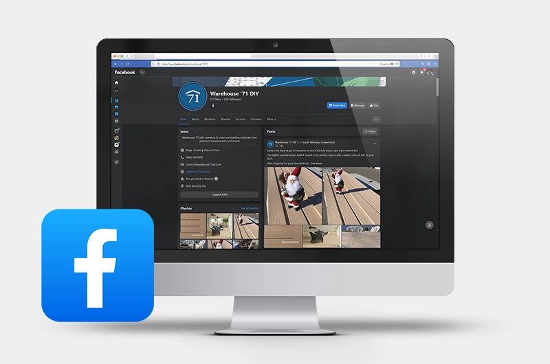 An image of an iMac viewing Warehouse '71's facebook profile