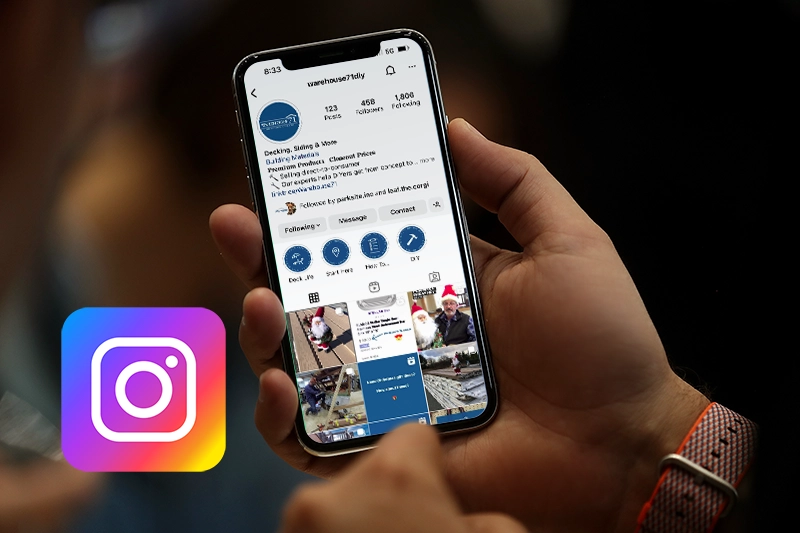 A handheld device navigating Warehouse '71's instagram profile