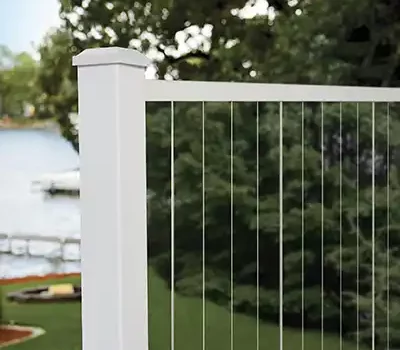 Closeup of TimberTech Deck Railing with Vertical cable inserts