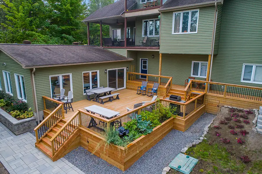 An aerial shot of a clean and well maintained wooden deck