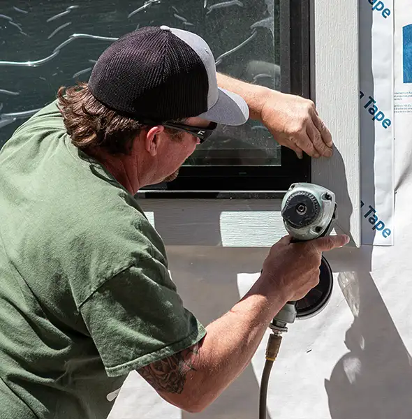 man installing pvc trim on house window