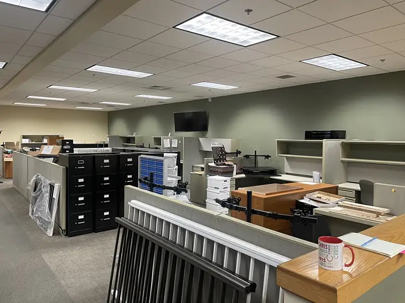 An old showroom full of cabinets.