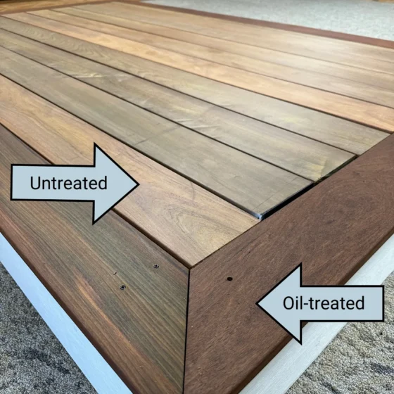 A display featuring the comparison of oil treated versus nontreated ipe wood.